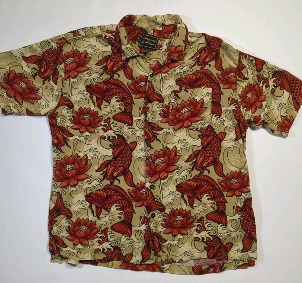 Delusions of Grandeur Shirt Mens L koi fish lotus Short Sleeve Button Up rayon